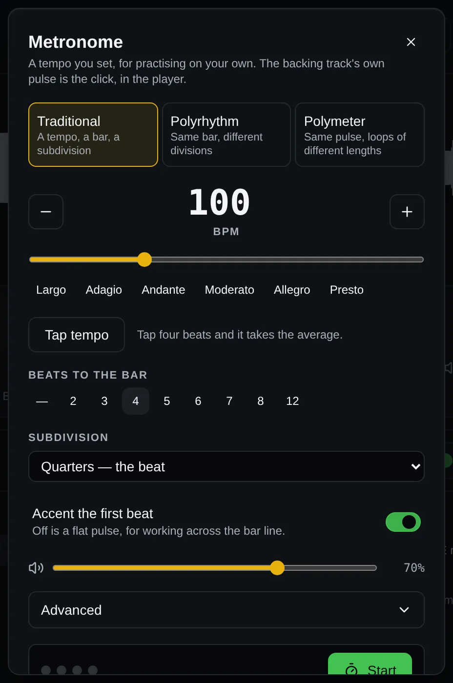 The metronome at 100 bpm with Traditional, Polyrhythm and Polymeter modes.