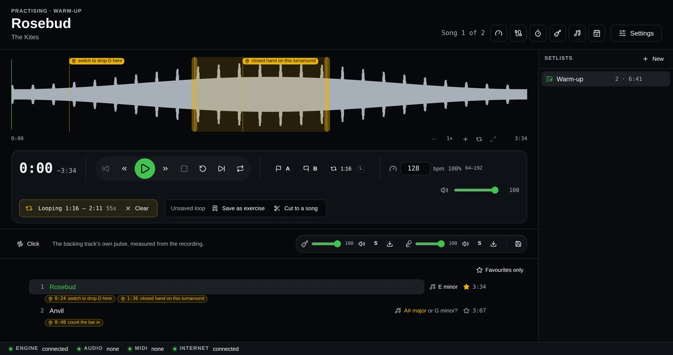 A preview of NOVIQ Practice: a song's waveform with a section looped in amber, a transport with A/B loop points and a tempo of 128 bpm, and faders for the guitar and vocal parts.